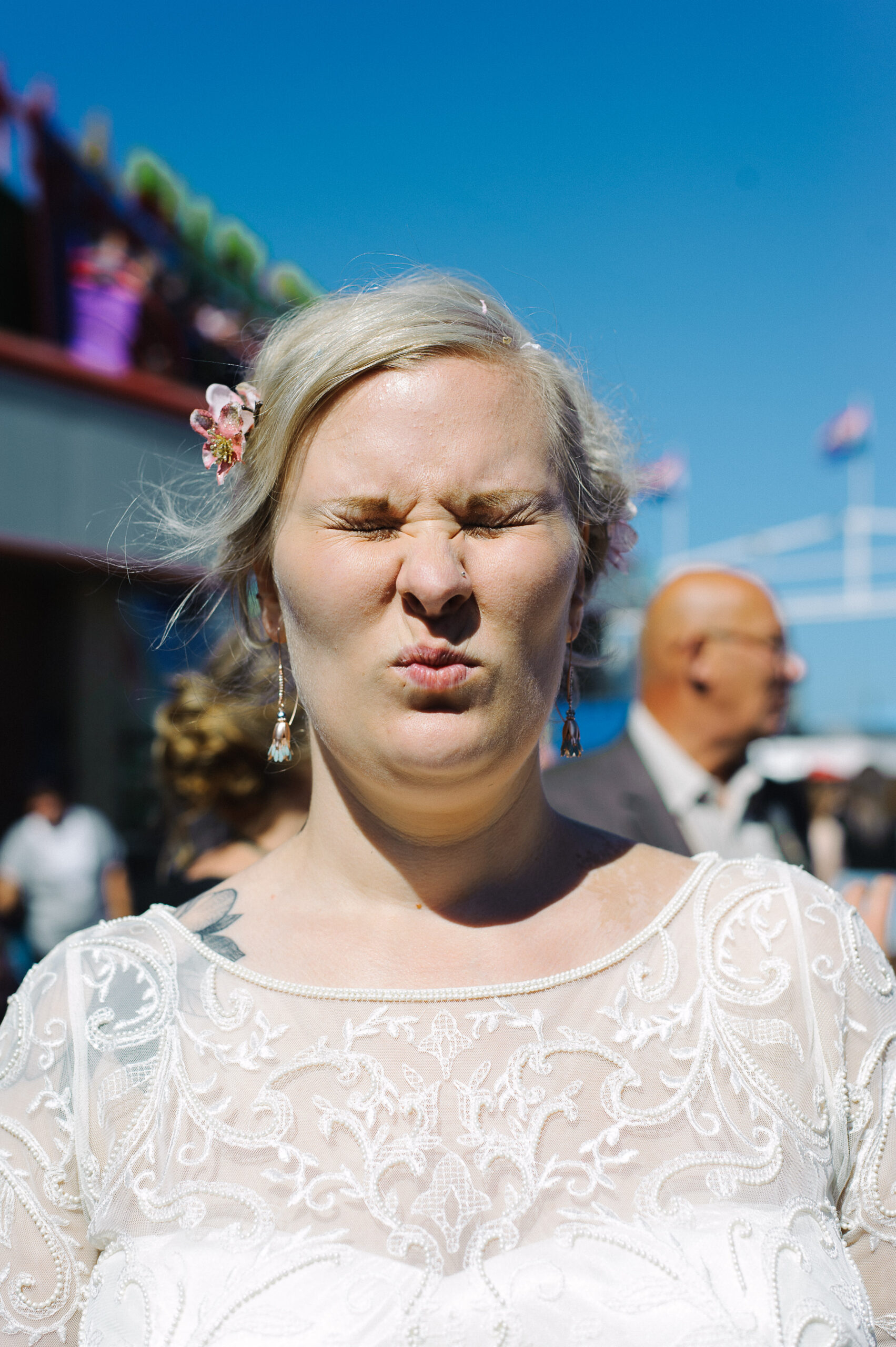 bride pulling funny face
